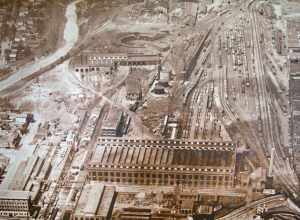 Aerial view of the Delaware, Lackawanna and Western Railroad shops in Scranton, Pennsylvania.