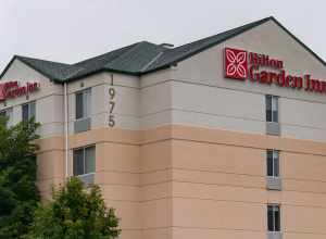 The Hilton Garden Inn hotel building at 1975 Rahncliff Court in Eagan, Minnesota.