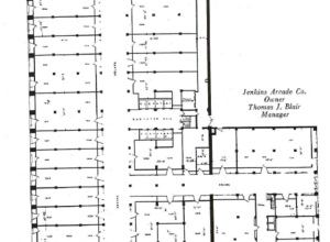 Jenkins Arcade ground floor plan, bordered by Penn Avenue, Fifth Street, Stanwix (formerly Ferry) Street, and Liberty Avenue, Pittsburgh, Pennsylvania. Demolished 1984. The first three floors consisted of a shopping arcade with an atrium; offices
