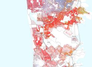 Map of the distribution of races and ethnicities in US cities, inspired by similar maps created by Dustin Cable and others.
Blue is White, Green is Black, Red is Asian, Orange is Hispanic, Purple is Multiracial, and Brown is Native American/Other.