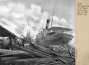 Damage to shipping on the Mobile Al waterfront from the 27 Sept 1906 storm ( aka as the 1906 Mississippi hurricane ) that came ashore near Pascagoula Ms as a Cat 2 storm. The storm also caused the quarantine station at Fort Morgan to be washed away
