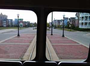 The Kenosha trolley's tracks are set within pavement towards the western end.