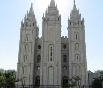 West-side view of the LDS temple in Salt Lake City.